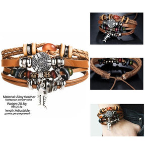 2 pcs Tibet Stone Feather Multilayer Leather Bracelet Eye Fish Charms Beads Bracelets for Men Vintage Punk Wrap Wristband - Trend Catalog