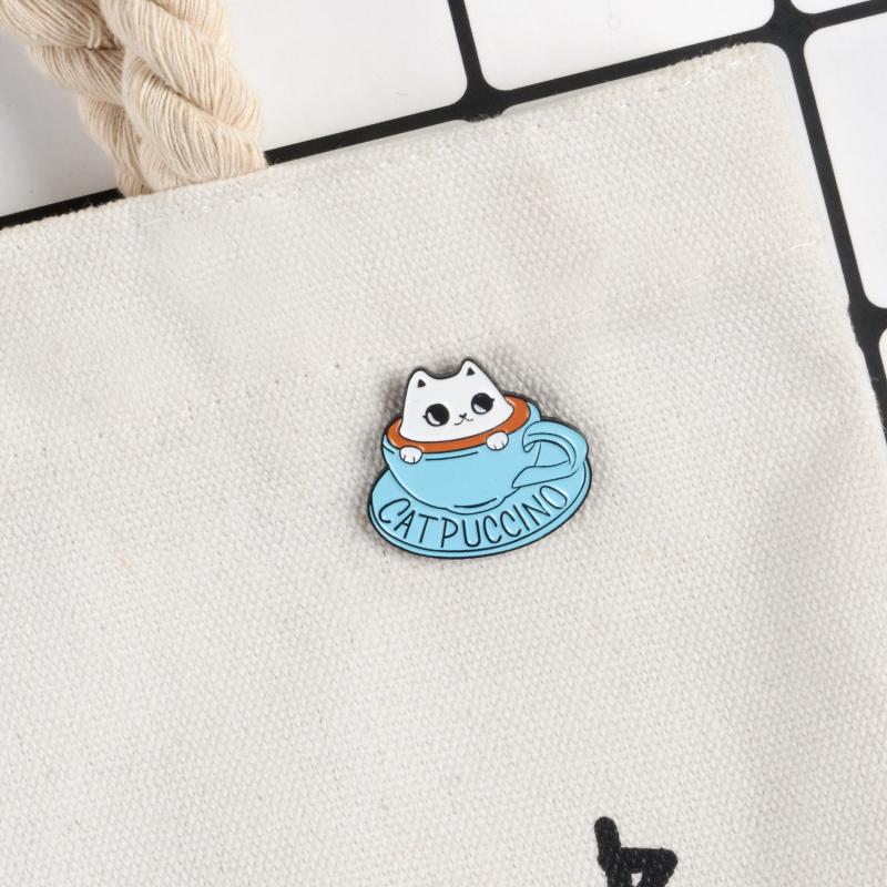 Cat coffee Enamel pin Coffee cup brooch Bag Clothes Lapel Pin Button Badge Cartoon cute animal Jewelry Gift for friends kids - Trend Catalog