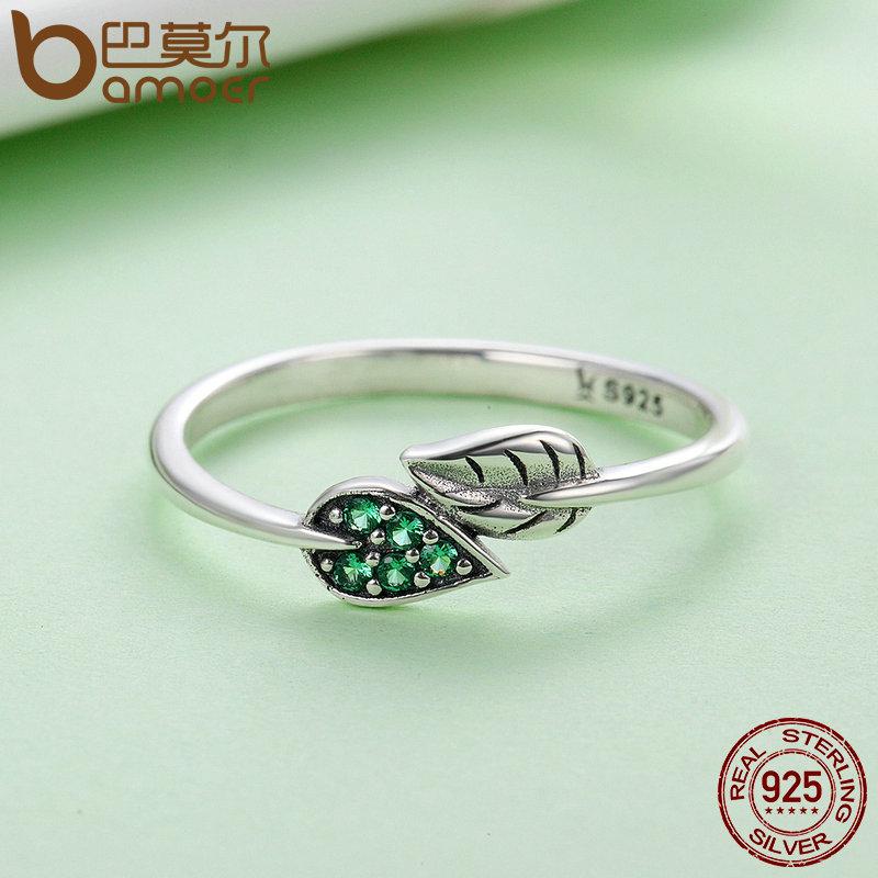 BAMOER 925 Sterling Silver Dancing Leaves Leaf Green jewerly Dazzling CZ Finger Rings. Accessories. - Trend Catalog - 