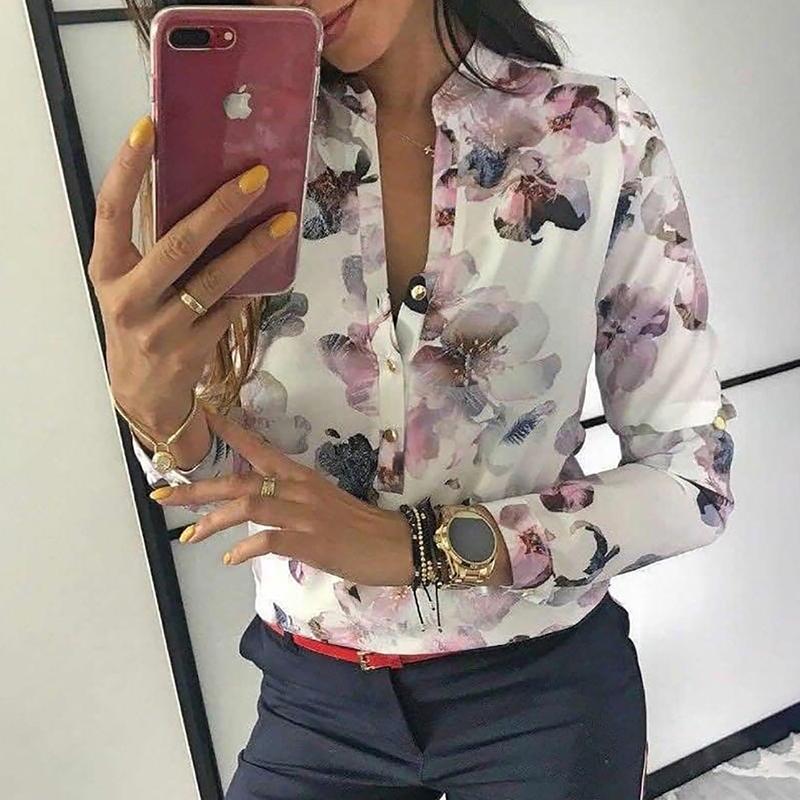 Spring Women Elegant Casual Blouse/top  Floral Print Button Design Long Sleeve Shirt Basic Top - Trend Catalog