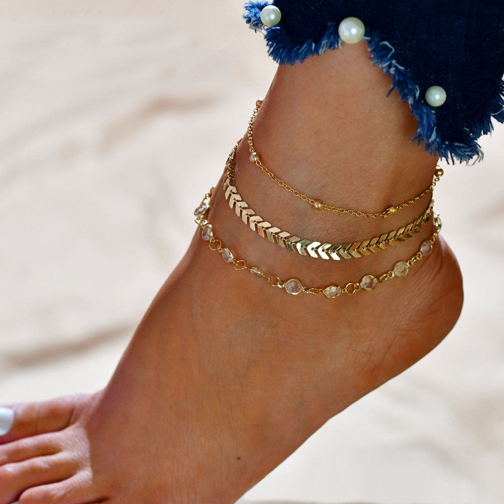 Fashion Crystal Anklet Set Vintage Handmade Ankle Bracelet for Women Party Summer Beach Accessories 3Pcs/Set - Trend Catalog - 