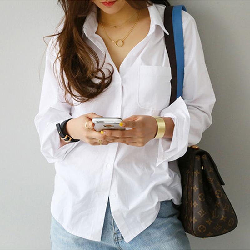 Spring One Pocket Women's Shirt Feminine Blouse Top Long Sleeve Casual White Turn-down Collar OL Style Women Loose Blouses - Trend Catalog