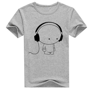 Men Short Sleeve T-Shirt Headphone Man Cartoon Pattern Print T-Shirt Fashion Casual Round Neck Slim Fit Top Male - Trend Catalog - 