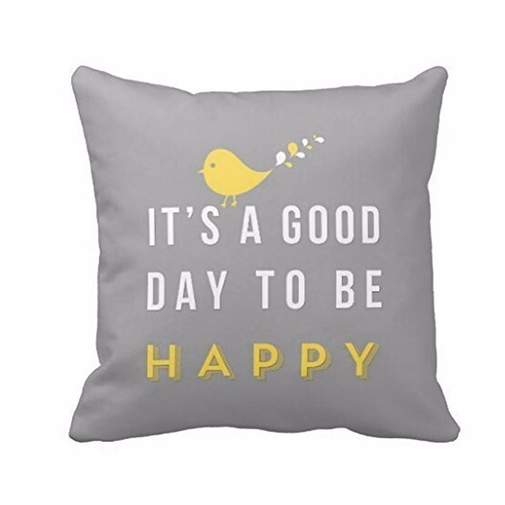 IT'S A GOOD DAY TO BE HAPPY-Yellow Bird Letter Cushion Cover Nordic Style Grey Square Throw Pillow Case - Trend Catalog