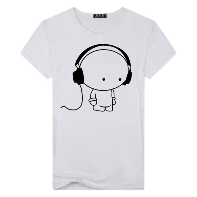 Men Short Sleeve T-Shirt Headphone Man Cartoon Pattern Print T-Shirt Fashion Casual Round Neck Slim Fit Top Male - Trend Catalog - 