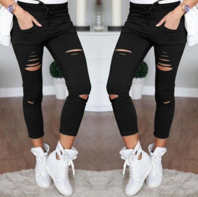 Skinny Jeans Women Denim Pants Holes Destroyed Knee Pencil Pants Casual Trousers Black White Stretch Ripped Jeans - Trend Catalog - 