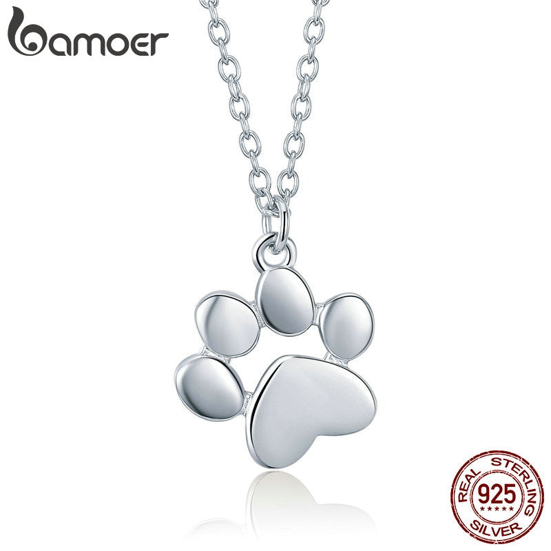 BAMOER Genuine 925 Sterling Silver Cute Animal Footprints Dog Cat Footprints Paw Necklaces Pendants Women Silver Jewelry SCN275