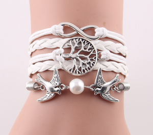 Fashion Infinity Tree flying birds charm Imitation Pearl Leather braid women wrap bracelet Bracelets & Bangles for women jewelry - Trend Catalog - 