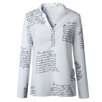 Women V Neck Letters Printing White Button Office Long Sleeve Shirt Top Fashion Blouse Womens Tops