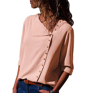 Chiffon Blouse  Long Sleeve Women Blouses and Tops Skew Collar Solid Office Shirt Casual Tops Blusas Chemise Femme - Trend Catalog - 