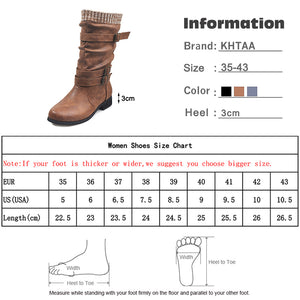 Women Winter Buckle Strap Pu Leather Chunky Heels Mid Calf Boots Woman Knitted Slip On Retro Boots Lady Casual Fashion Footwear - Trend Catalog - 