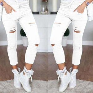 Skinny Jeans Women Denim Pants Holes Destroyed Knee Pencil Pants Casual Trousers Black White Stretch Ripped Jeans - Trend Catalog - 