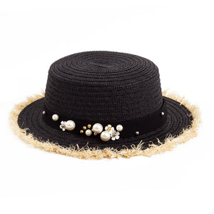 Women's Daisy Flower Rhinestone Inlaid Flat Top Hat Korean Style Spring Summer Straw Hat Beach Sports Hat