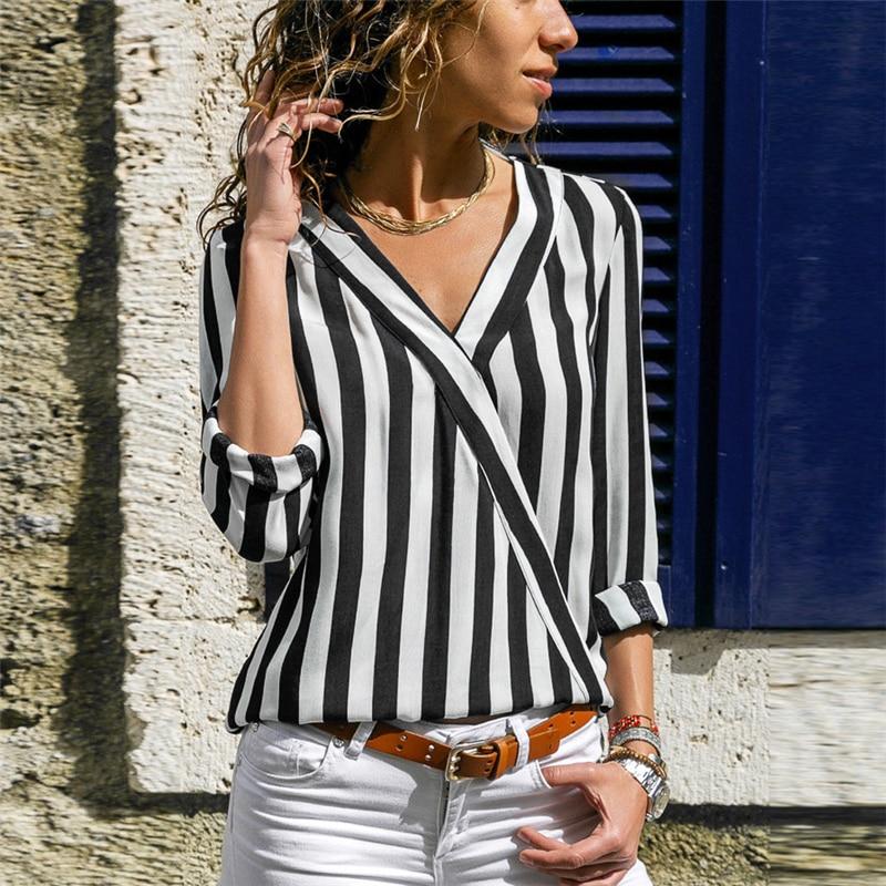 Women Striped Blouse Shirt Long Sleeve Blouse V-neck Shirts Casual Tops Blouse et Chemisier Femme Blusas Mujer de Moda - Trend Catalog