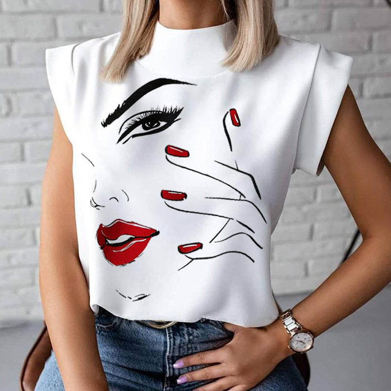 Women Elegant Lips Print blouse shirts 2020 Summer Casual Stand Neck Pullovers tops Ladies Fashion cute Eye Short Sleeve Blusa