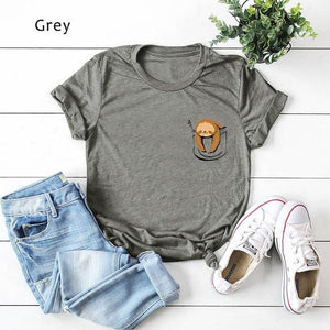 Cotton Harajuku T Shirt Women Funny cute Pocket Sloth Print T-shirt Summer Tops Plus Size 5XL - Trend Catalog