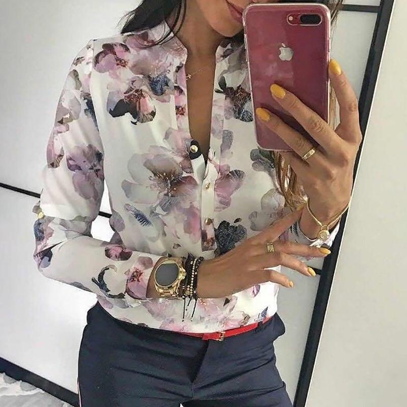 Spring Women Elegant Casual Blouse/top  Floral Print Button Design Long Sleeve Shirt Basic Top - Trend Catalog