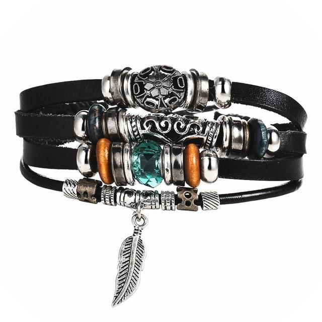 2 pcs Tibet Stone Feather Multilayer Leather Bracelet Eye Fish Charms Beads Bracelets for Men Vintage Punk Wrap Wristband - Trend Catalog