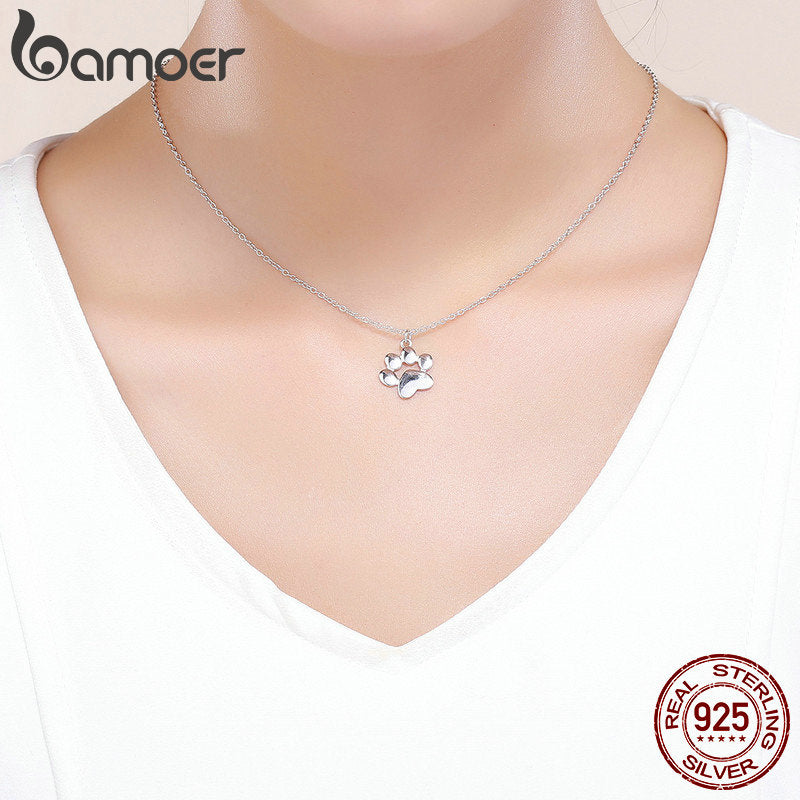 BAMOER Genuine 925 Sterling Silver Cute Animal Footprints Dog Cat Footprints Paw Necklaces Pendants Women Silver Jewelry SCN275