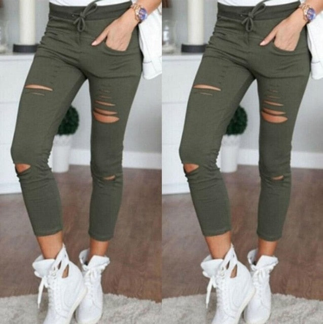 Skinny Jeans Women Denim Pants Holes Destroyed Knee Pencil Pants Casual Trousers Black White Stretch Ripped Jeans - Trend Catalog - 