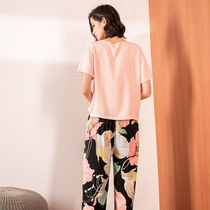Floral Printed Pyjama Sleepwear Female Casual V Neck Short Sleeve Elastic Waist Nightwear Retro Women's Pajamas Sets - Trend Catalog