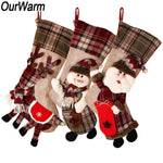 Warm Large Christmas Stocking Santa Claus Sock Plaid Burlap Gift Holder Christmas Tree Decoration New Year Gift Candy Bags