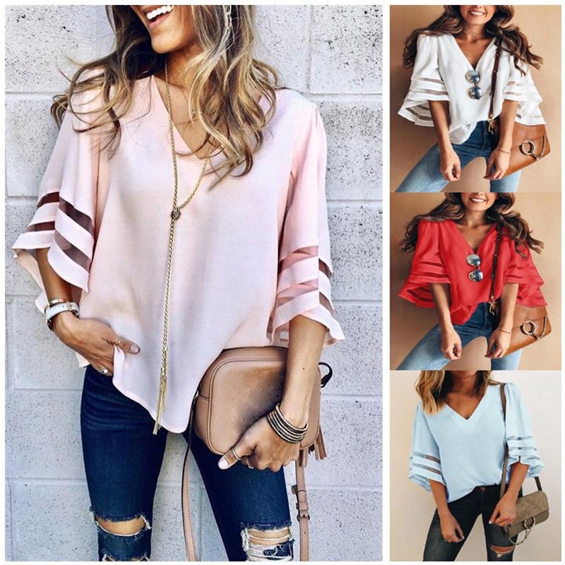 Women Casual Loose V Neck Kimono Chiffon Blouse Lady Summer Half Sleeve Solid Color Blouse Plus Size Tops - Trend Catalog