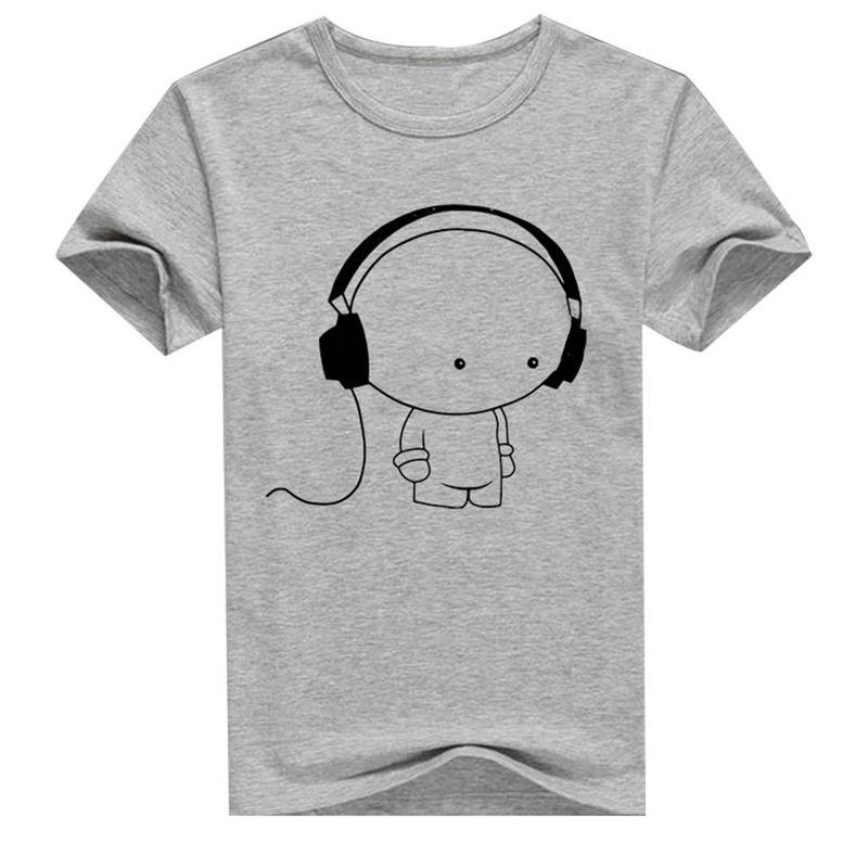 Men Short Sleeve T-Shirt Headphone Man Cartoon Pattern Print T-Shirt Fashion Casual Round Neck Slim Fit Top Male - Trend Catalog - 