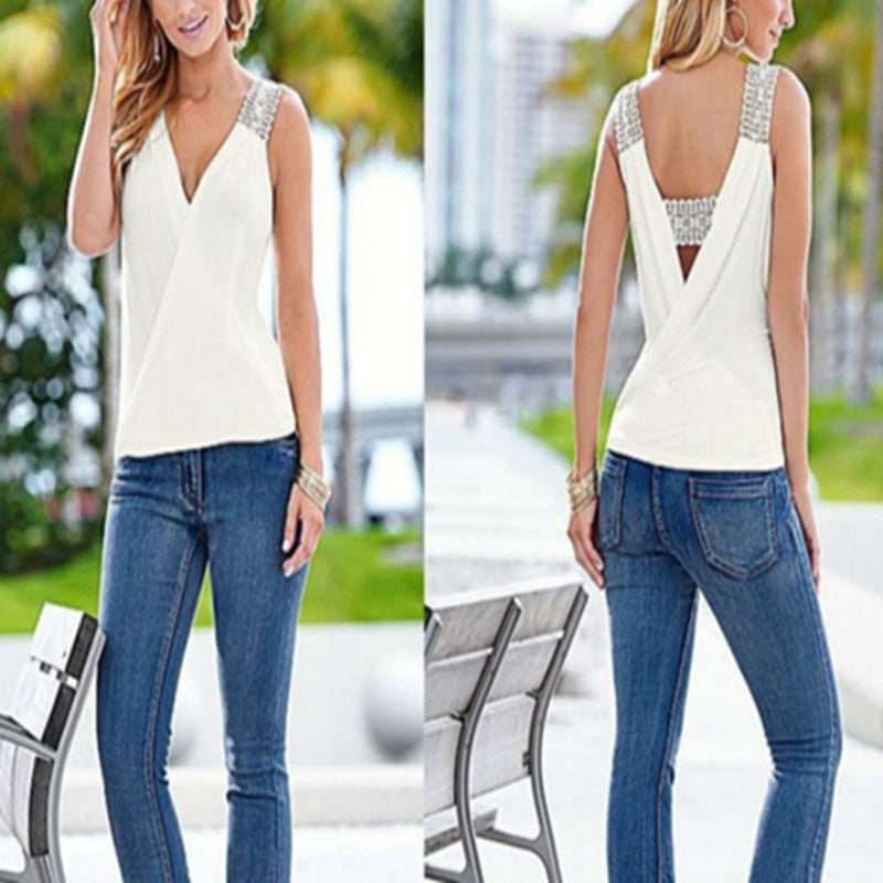 Summer Tank Tops Blouse Sleeveless Summer Top Casual Fashion Women Sexy V-neck Casual Blouse Vest Ladies Clothing