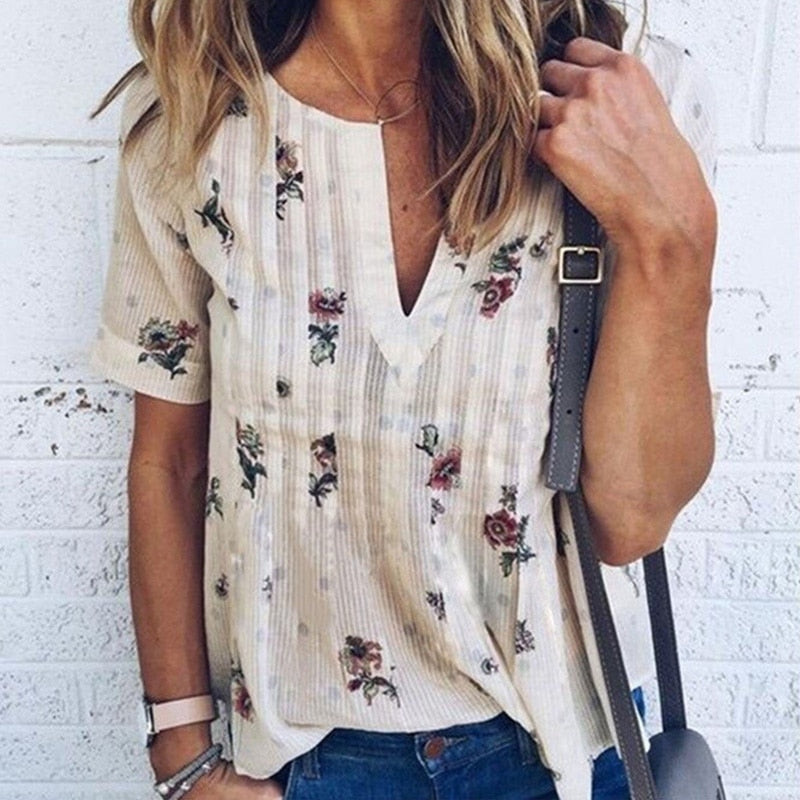 Women Blouse Floral V-Neck Short Sleeve Tops Plus Size Summer Fashion Women Casual Loose Shirt