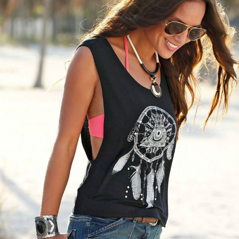 Sexy Women Tank Tops Short Vest Dreamcatcher Printed Sleeveless Summer New Black O-Neck Crop Top Casual Cool Girl Hip Hop Tees - Trend Catalog - 