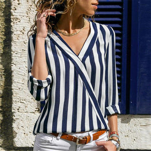 Women Striped Blouse Shirt Long Sleeve Blouse V-neck Shirts Casual Tops Blouse et Chemisier Femme Blusas Mujer de Moda - Trend Catalog