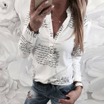 Women V Neck Letters Printing White Button Office Long Sleeve Shirt Top Fashion Blouse Womens Tops