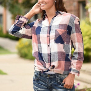 womens tops and blouses Female Casual Matching Color Long Sleeve Button Loose Plaid Shirt Top - Trend Catalog