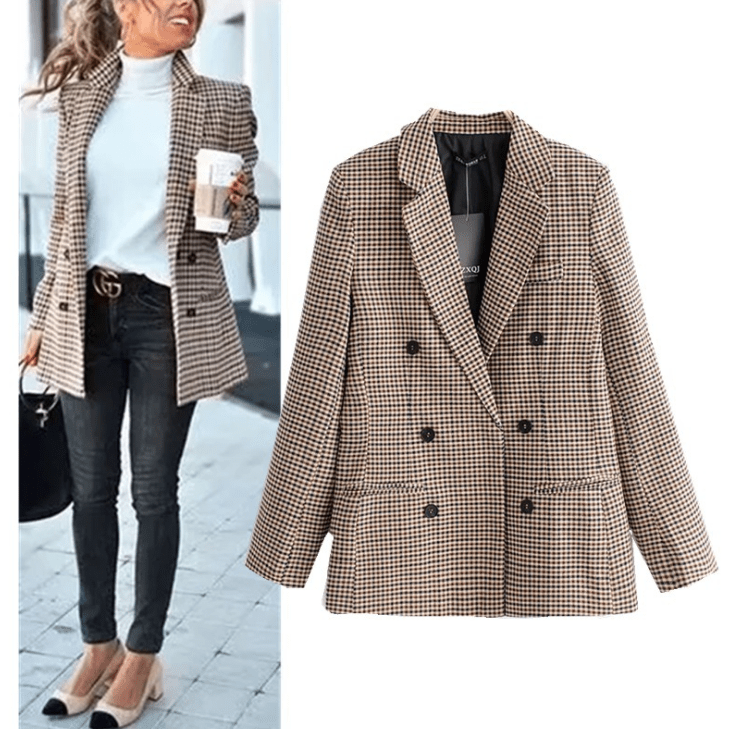 Double breasted short plaid women blazer Long sleeve pocket tweed ladies blazer/jacket.  Winter jacket office suit female - Trend Catalog