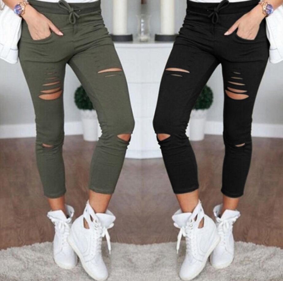 Skinny Jeans Women Denim Pants Holes Destroyed Knee Pencil Pants Casual Trousers Black White Stretch Ripped Jeans - Trend Catalog - 