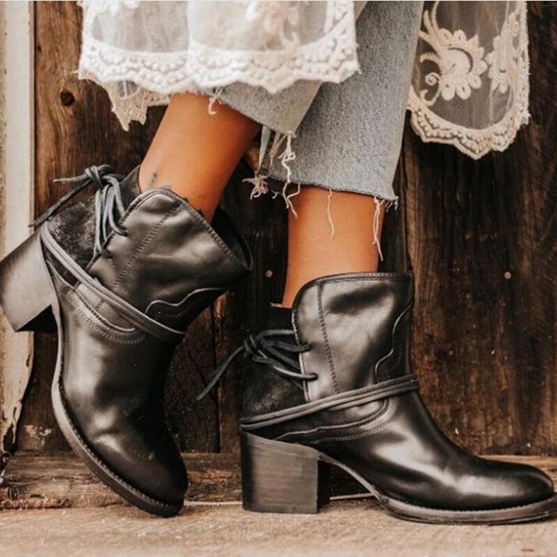 Ankle Boots Plus Size Women Retro High Heels Block Heel Shoes For Female Flock Buckle Strap Short boots woman shoes - Trend Catalog - 