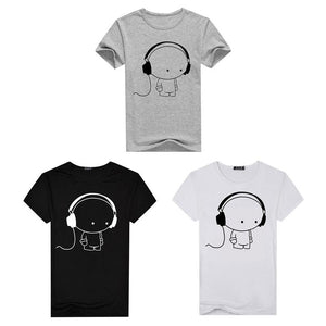 Men Short Sleeve T-Shirt Headphone Man Cartoon Pattern Print T-Shirt Fashion Casual Round Neck Slim Fit Top Male - Trend Catalog - 