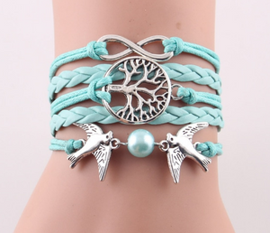 Fashion Infinity Tree flying birds charm Imitation Pearl Leather braid women wrap bracelet Bracelets & Bangles for women jewelry - Trend Catalog - 