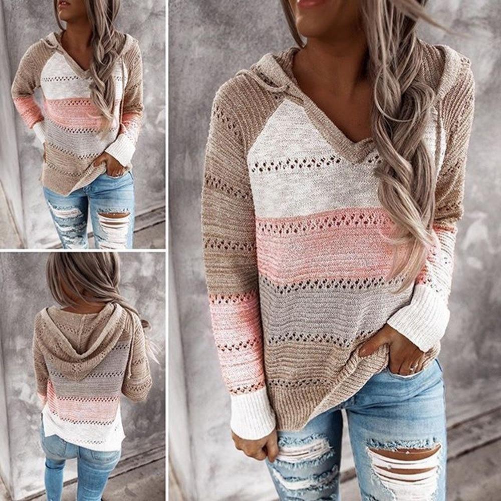 2020 Autumn and Winter Sweaters, Women Long Sleeve Sweater, Hoodie, Tops, V Neck Patchwork Casual Knitted, Elegant Pullover Jumper - Trend Catalog - 2020 Autumn and Winter Sweaters