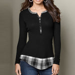 Women T Shirt V-Neck Buttons Long Sleeve