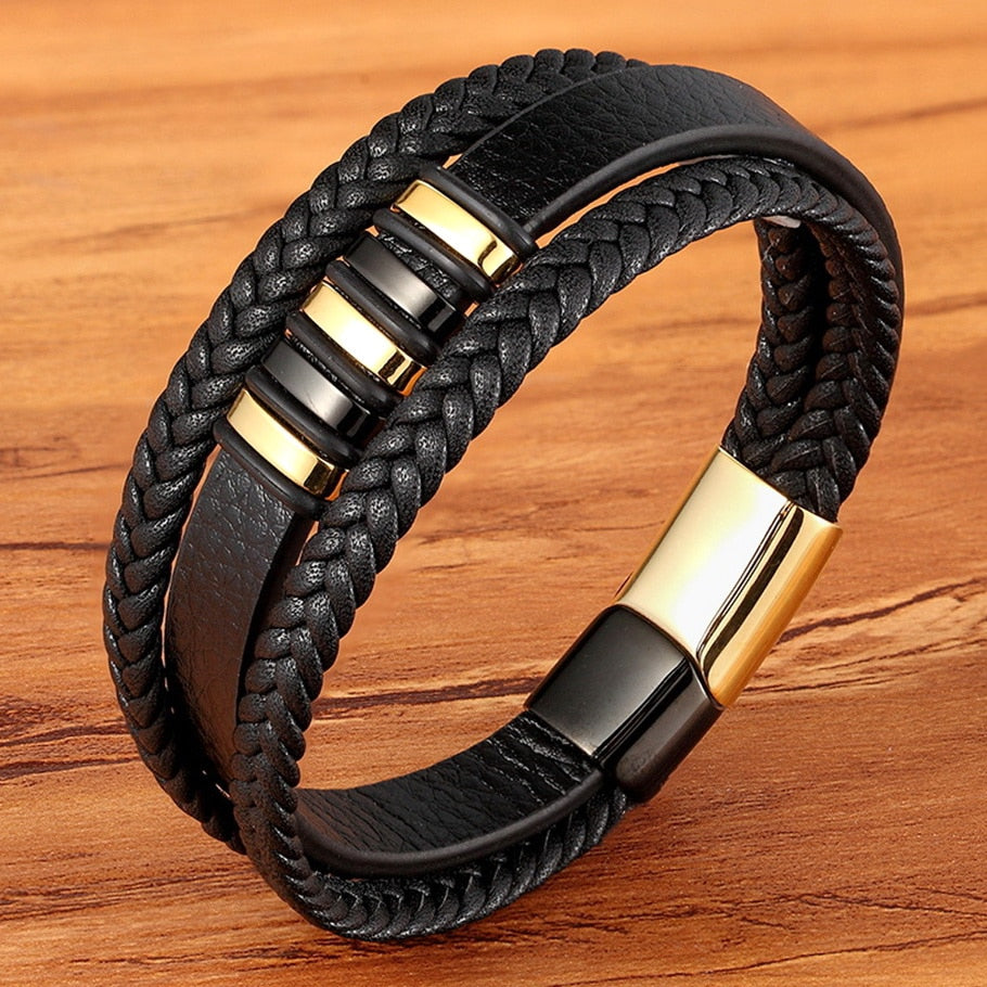 New 3 Layers Black Gold Punk Style Design Genuine Leather Bracelet