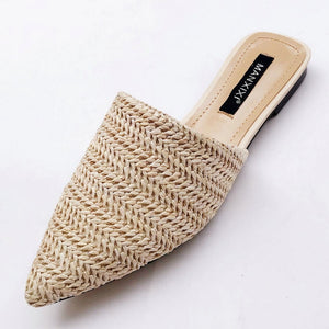 Women Slippers Fashion Pointed Toe Weave Mules Shoes Flat Slides Summer Beach Flip Flop Outside Slip On Shoes - Trend Catalog