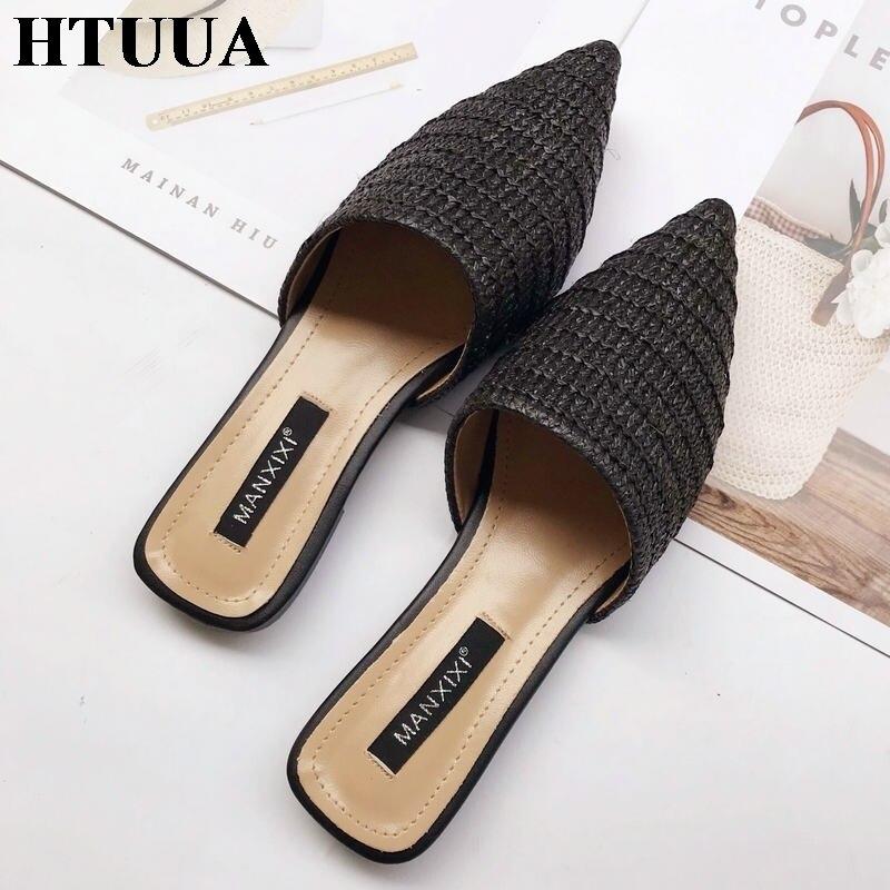 Women Slippers Fashion Pointed Toe Weave Mules Shoes Flat Slides Summer Beach Flip Flop Outside Slip On Shoes - Trend Catalog