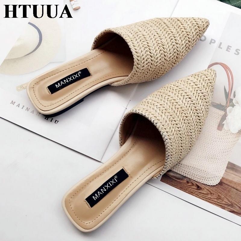 Women Slippers Fashion Pointed Toe Weave Mules Shoes Flat Slides Summer Beach Flip Flop Outside Slip On Shoes - Trend Catalog