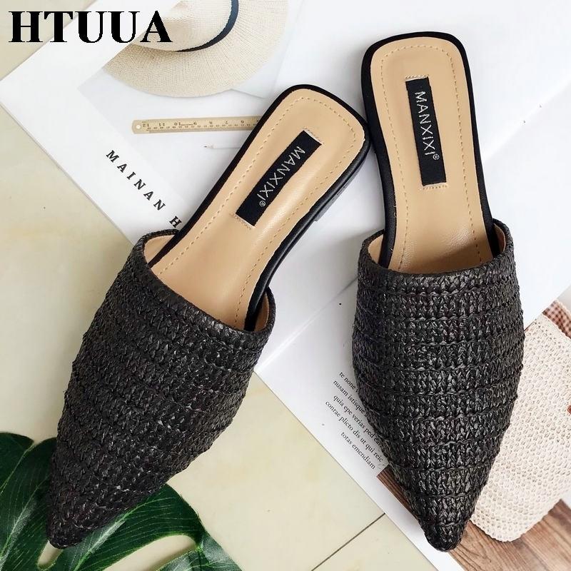 Women Slippers Fashion Pointed Toe Weave Mules Shoes Flat Slides Summer Beach Flip Flop Outside Slip On Shoes - Trend Catalog