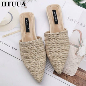 Women Slippers Fashion Pointed Toe Weave Mules Shoes Flat Slides Summer Beach Flip Flop Outside Slip On Shoes - Trend Catalog