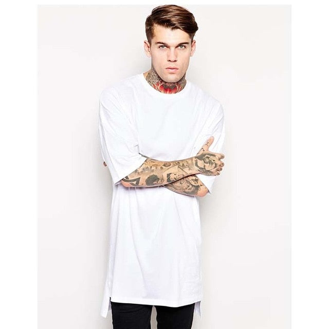 Hip Hop Style Clothing Mens Casual Long T Shirt Irregular Hem Extended Length Tees Side Split Solid Black Streetwear Tops Tee - Trend Catalog - 