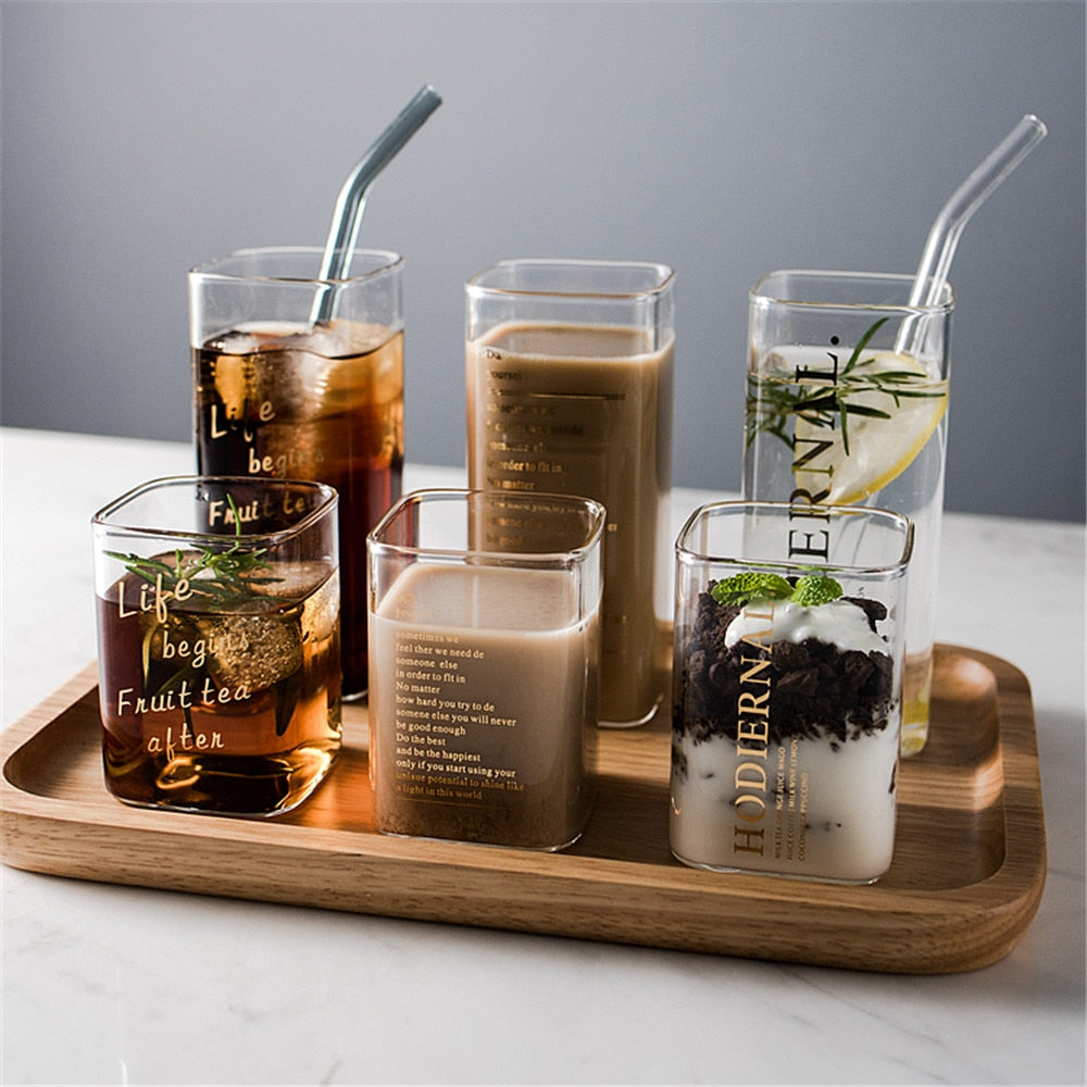 Creative Square Glass Mug Gold Letter Printing Breakfast Milk Coffee Cup Crystal Transparent Heat-resistant Cup Home Drinkware - Trend Catalog - 